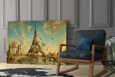 Eiffel Tower glass wall art hanging as a focal point in a modern room
