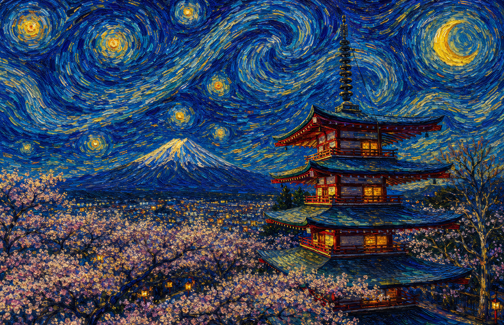 Mount Fuji Pagoda Van Gogh Style Glass Wall Art