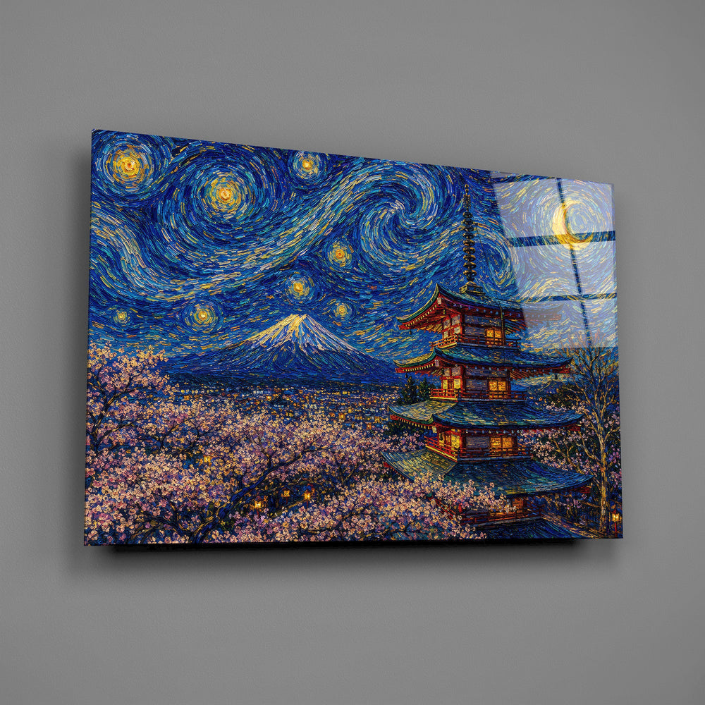 Mount Fuji Pagoda glass wall art mounted flat on a grey wall