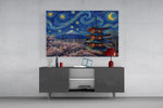 Mount Fuji Pagoda glass wall art displayed above a console in a modern interior