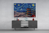 Mount Fuji Pagoda glass wall art displayed above a console in a modern interior