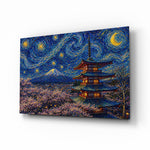 Mount Fuji Pagoda glass wall art, angled view of the tempered glass panel