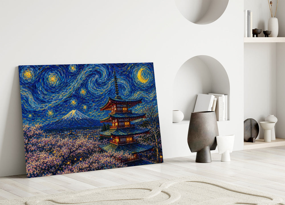 Mount Fuji Pagoda glass wall art leaning against a wall in a minimalist interior