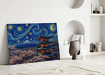Mount Fuji Pagoda glass wall art leaning against a wall in a minimalist interior