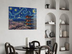 Mount Fuji Pagoda glass wall art shown in a warm, styled interior setting