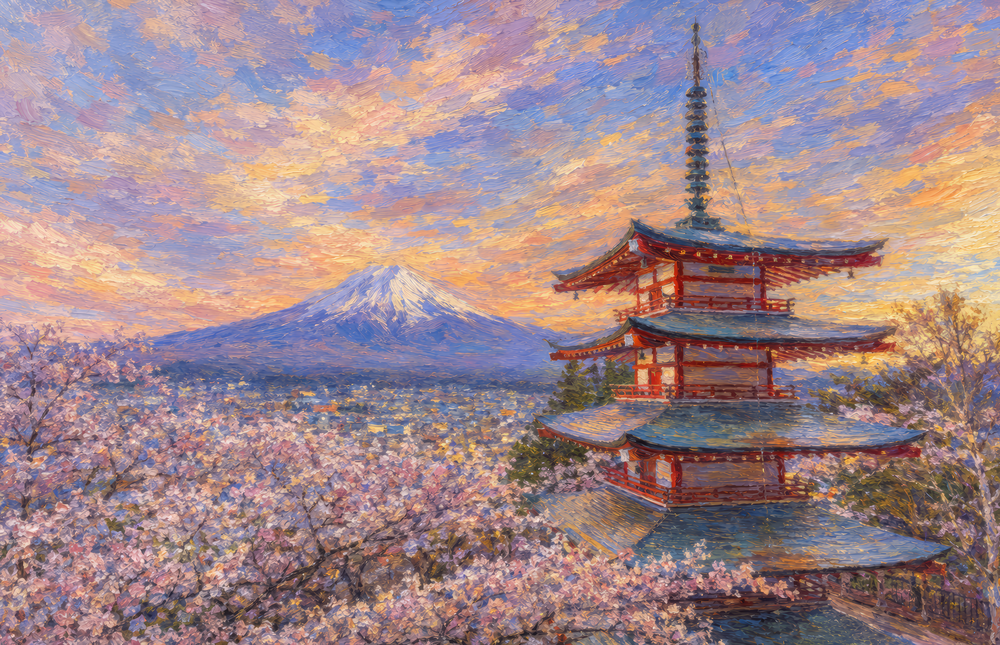 Mount Fuji Pagoda Monet Style Glass Wall Art
