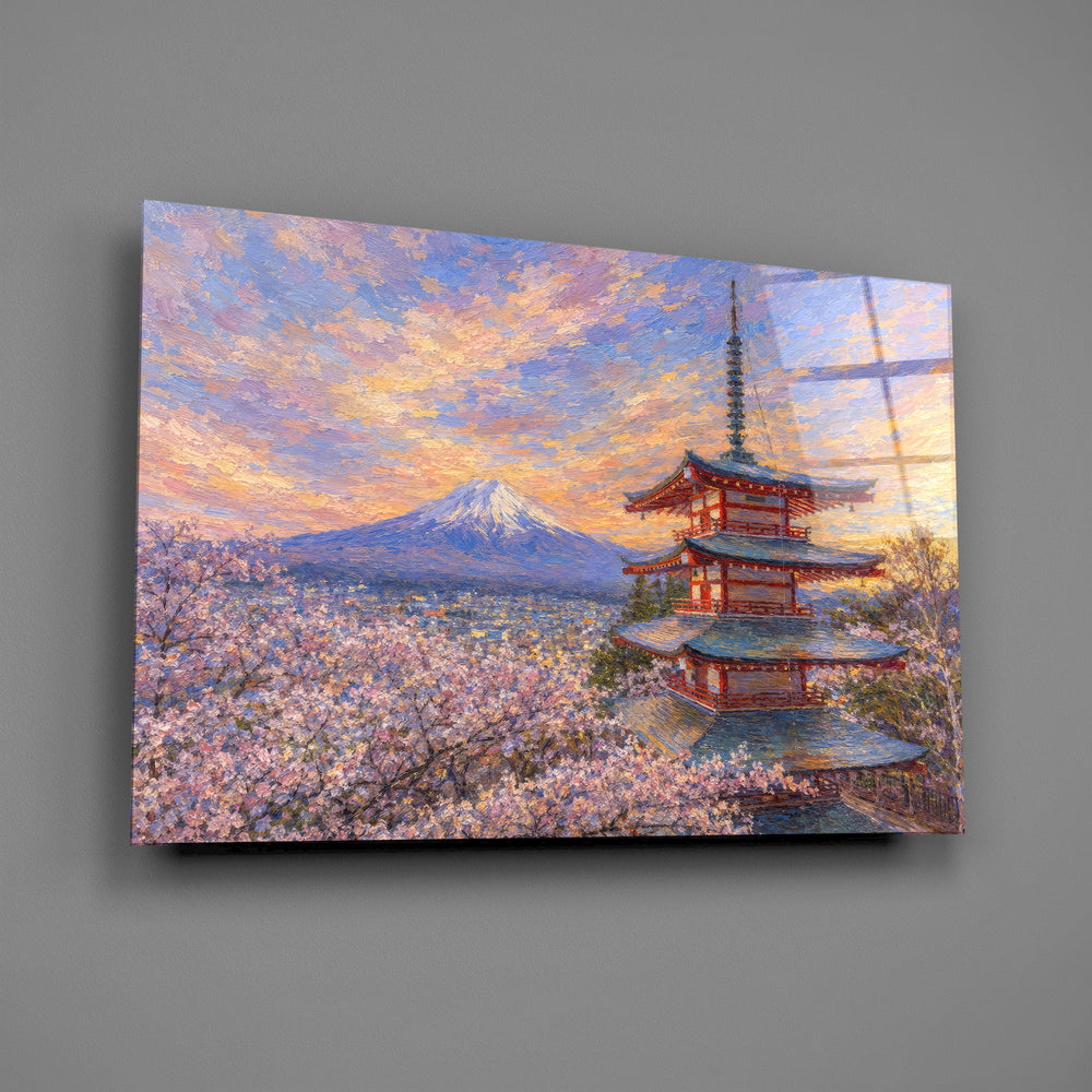 Mount Fuji Pagoda glass wall art mounted flat on a grey wall