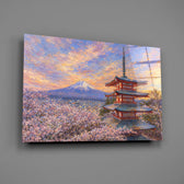 Mount Fuji Pagoda glass wall art mounted flat on a grey wall