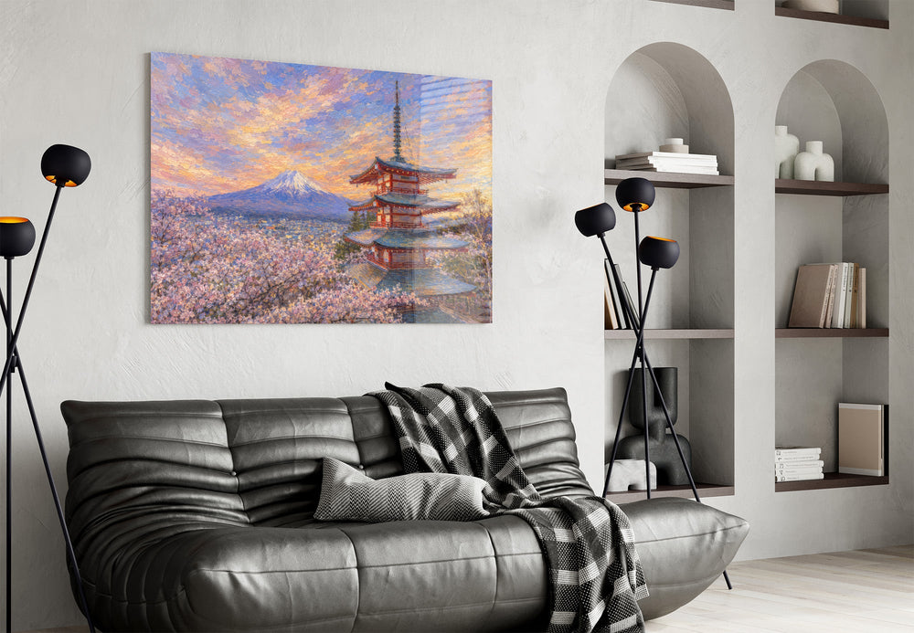 Mount Fuji Pagoda glass wall art styled in a contemporary living room