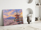 Mount Fuji Pagoda glass wall art leaning against a wall in a minimalist interior