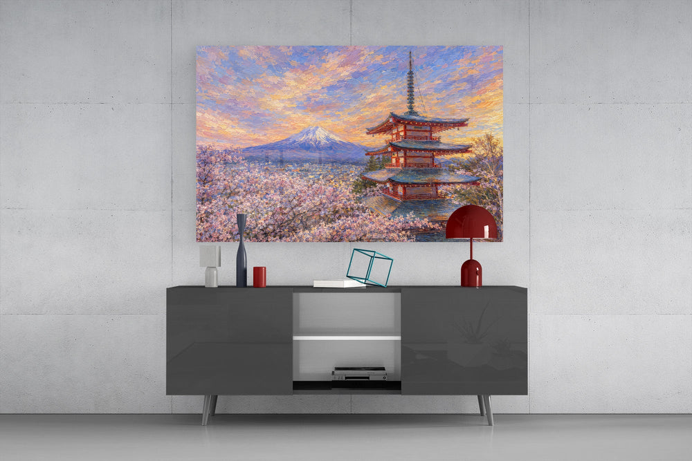 Mount Fuji Pagoda glass wall art displayed above a console in a modern interior