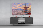 Mount Fuji Pagoda glass wall art displayed above a console in a modern interior