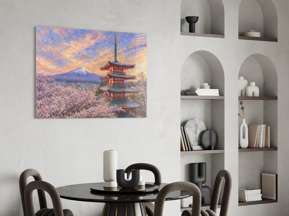 Mount Fuji Pagoda glass wall art shown in a warm, styled interior setting