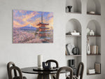 Mount Fuji Pagoda glass wall art shown in a warm, styled interior setting