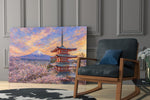 Mount Fuji Pagoda glass wall art hanging as a focal point in a modern room
