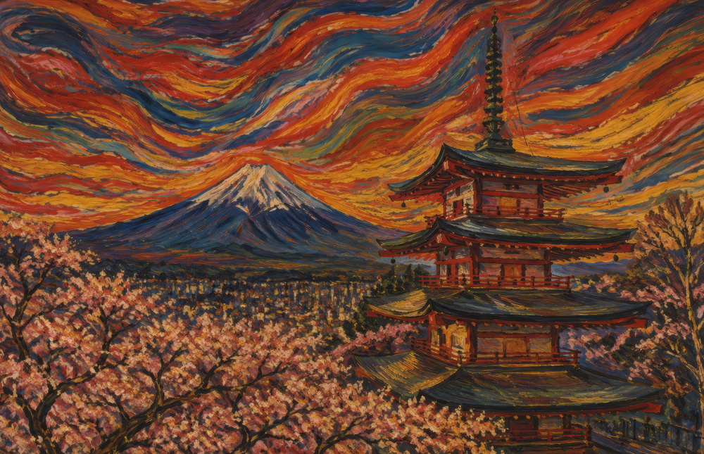 Mount Fuji Pagoda Munch Style Glass Wall Art