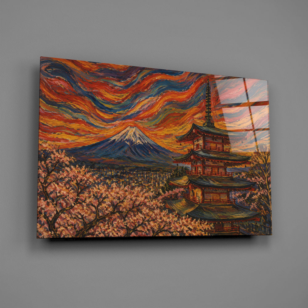 Mount Fuji Pagoda glass wall art mounted flat on a grey wall