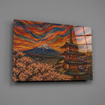 Mount Fuji Pagoda glass wall art mounted flat on a grey wall