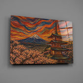Mount Fuji Pagoda glass wall art mounted flat on a grey wall