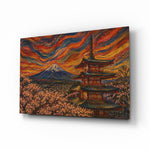 Mount Fuji Pagoda glass wall art, angled view of the tempered glass panel