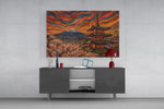 Mount Fuji Pagoda glass wall art displayed above a console in a modern interior