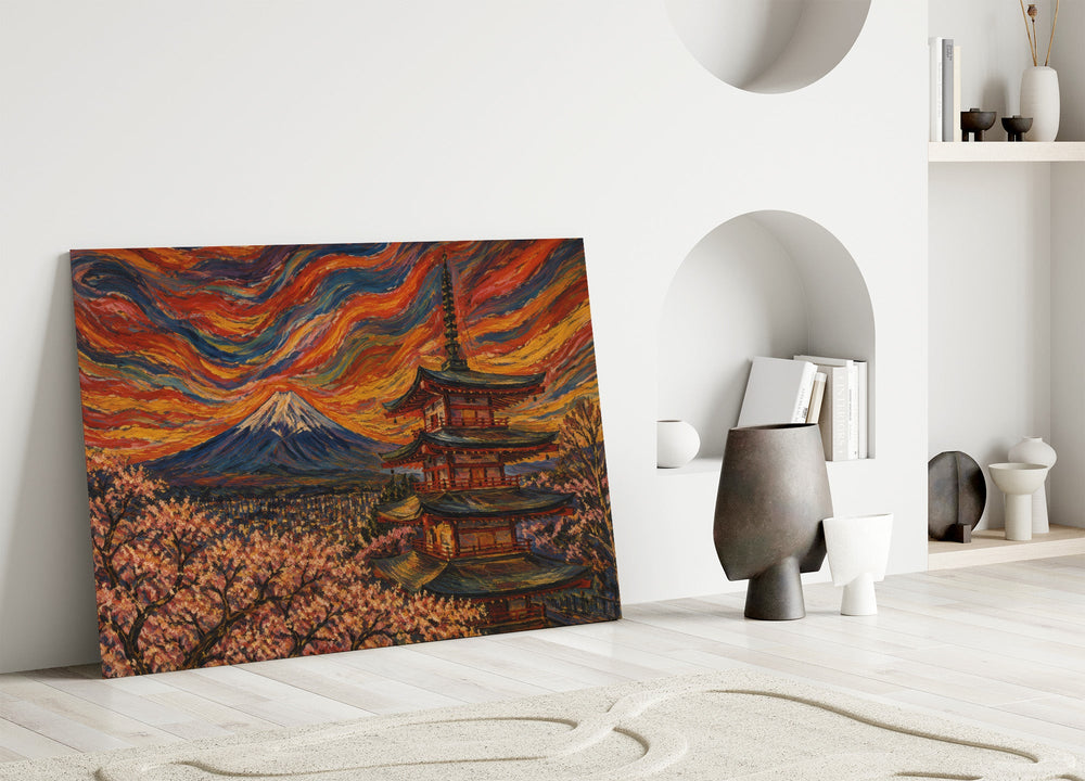 Mount Fuji Pagoda glass wall art leaning against a wall in a minimalist interior