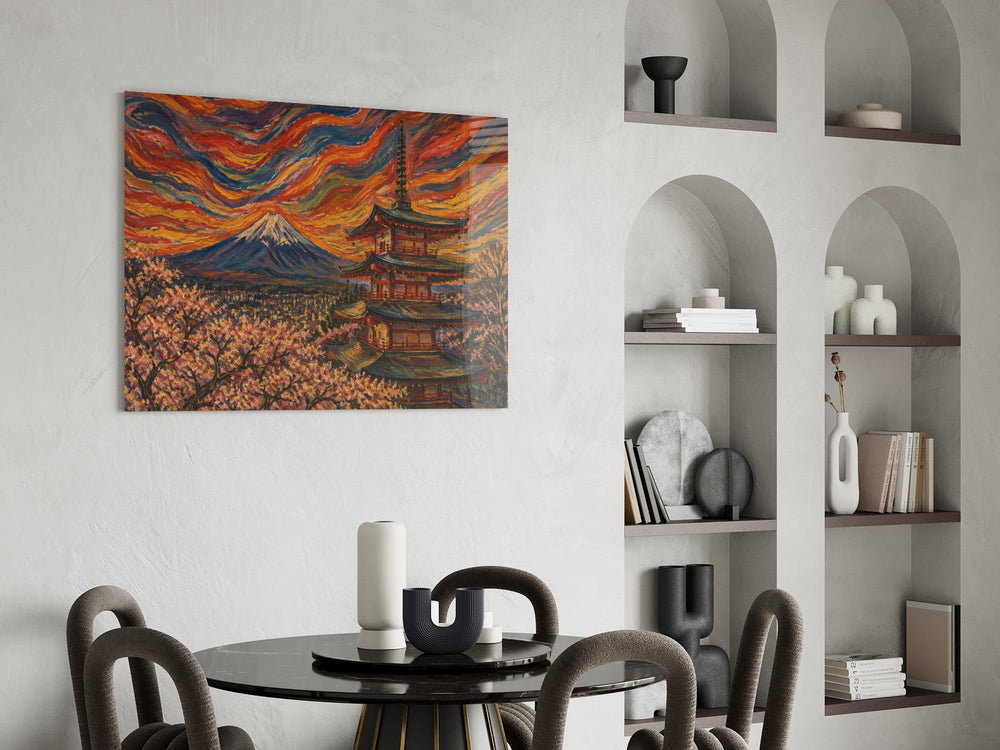 Mount Fuji Pagoda glass wall art shown in a warm, styled interior setting
