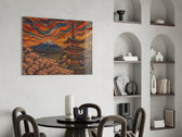 Mount Fuji Pagoda glass wall art shown in a warm, styled interior setting