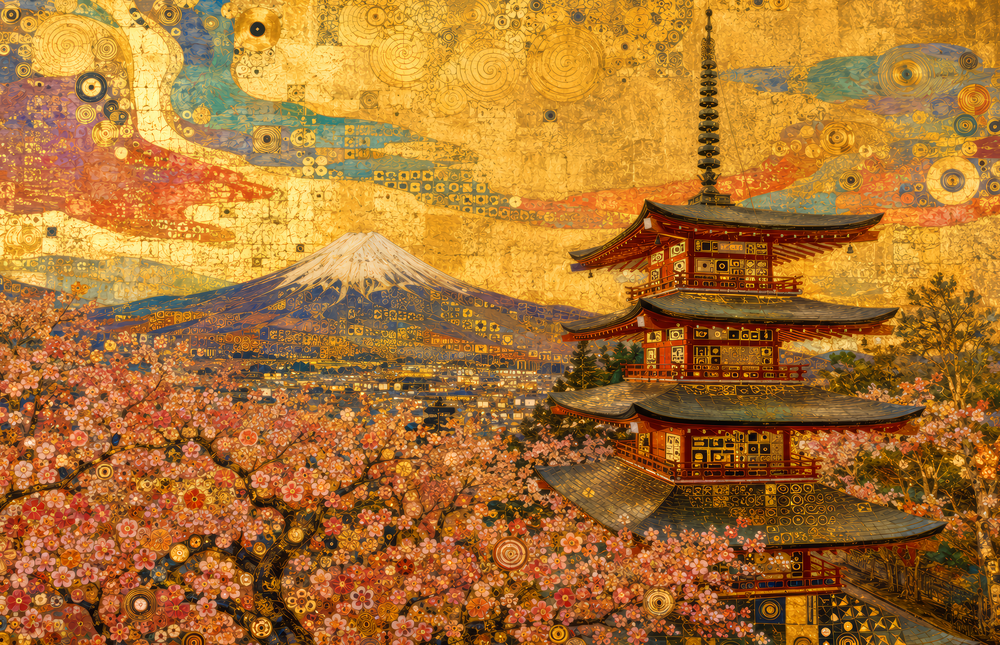 Mount Fuji Pagoda Klimt Style Glass Wall Art