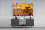 Mount Fuji Pagoda glass wall art displayed above a console in a modern interior
