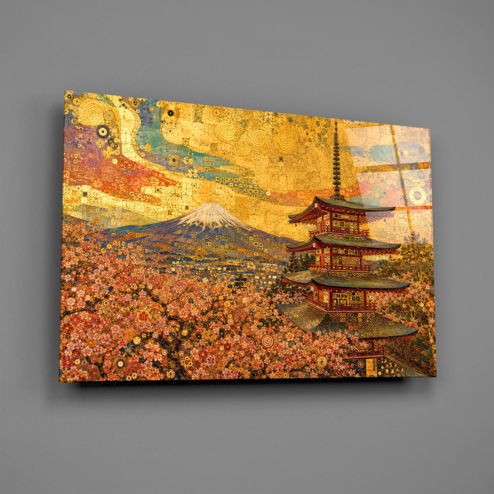 Mount Fuji Pagoda glass wall art mounted flat on a grey wall