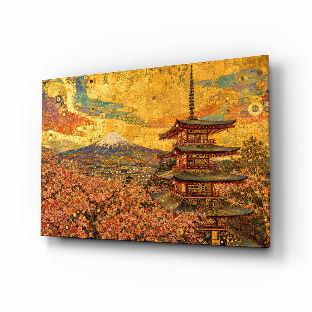 Mount Fuji Pagoda glass wall art, angled view of the tempered glass panel