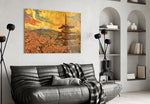 Mount Fuji Pagoda glass wall art styled in a contemporary living room