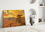 Mount Fuji Pagoda glass wall art leaning against a wall in a minimalist interior