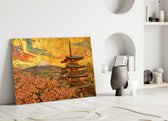 Mount Fuji Pagoda glass wall art leaning against a wall in a minimalist interior