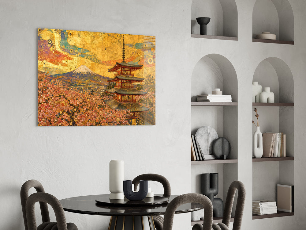 Mount Fuji Pagoda glass wall art shown in a warm, styled interior setting