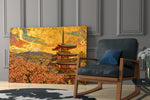 Mount Fuji Pagoda glass wall art hanging as a focal point in a modern room