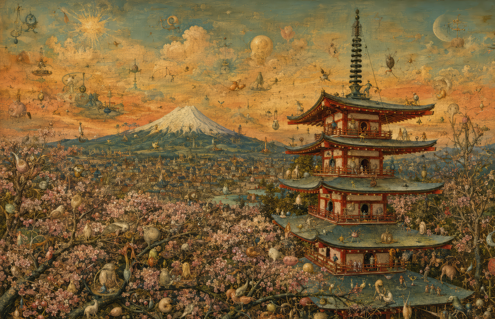 Mount Fuji Pagoda Bosch Style Glass Wall Art