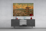 Mount Fuji Pagoda glass wall art displayed above a console in a modern interior