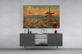 Mount Fuji Pagoda glass wall art displayed above a console in a modern interior