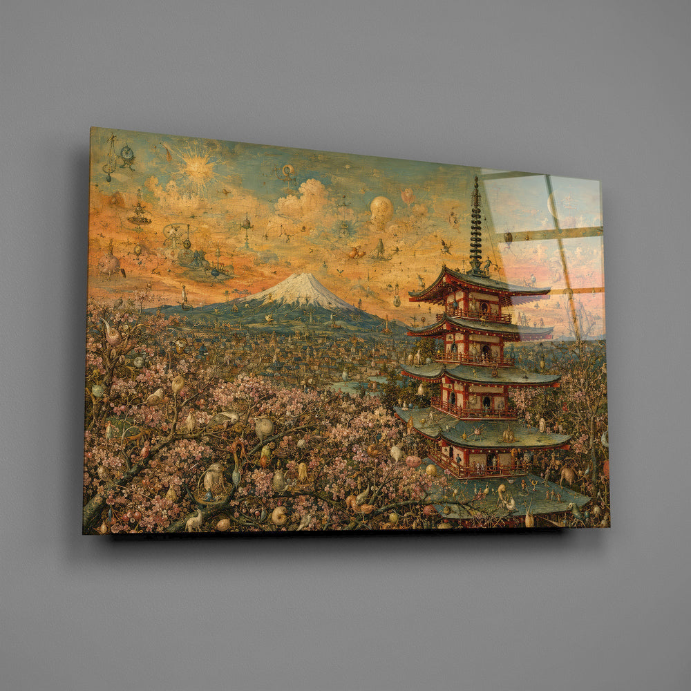 Mount Fuji Pagoda glass wall art mounted flat on a grey wall