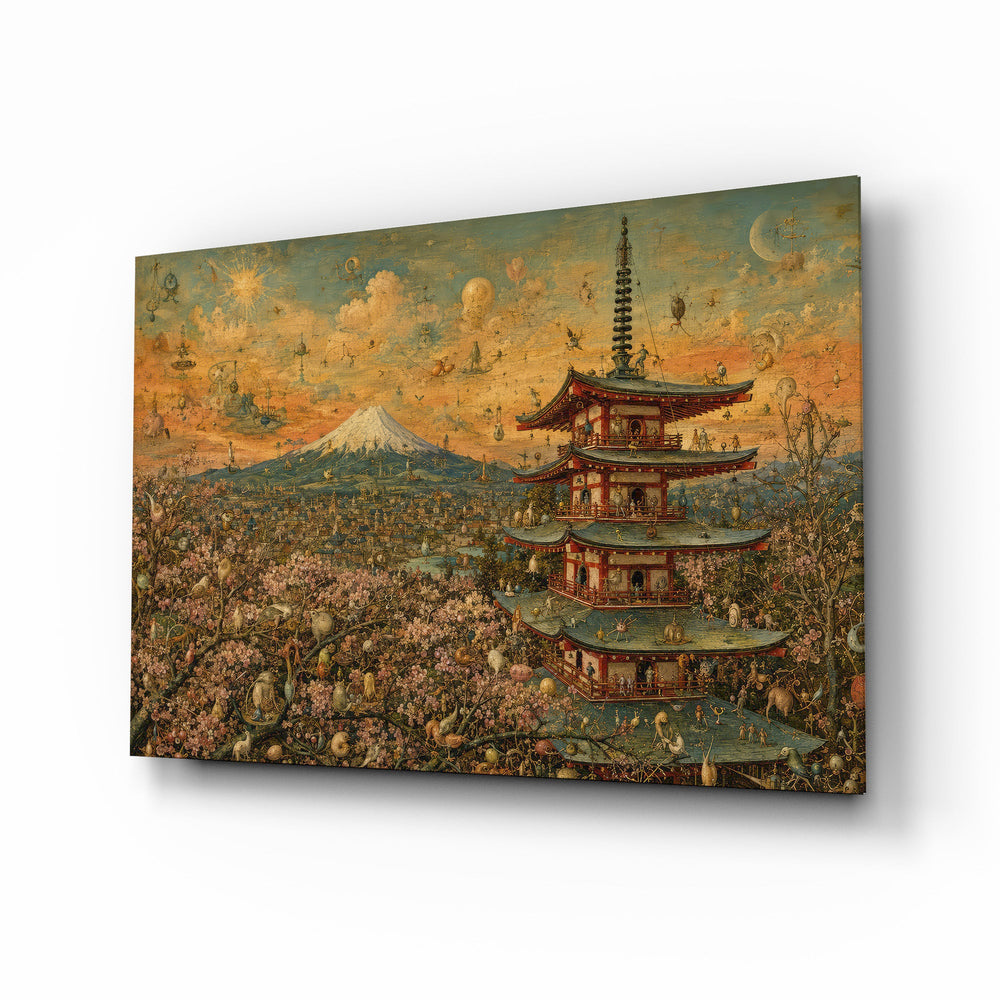 Mount Fuji Pagoda glass wall art, angled view of the tempered glass panel