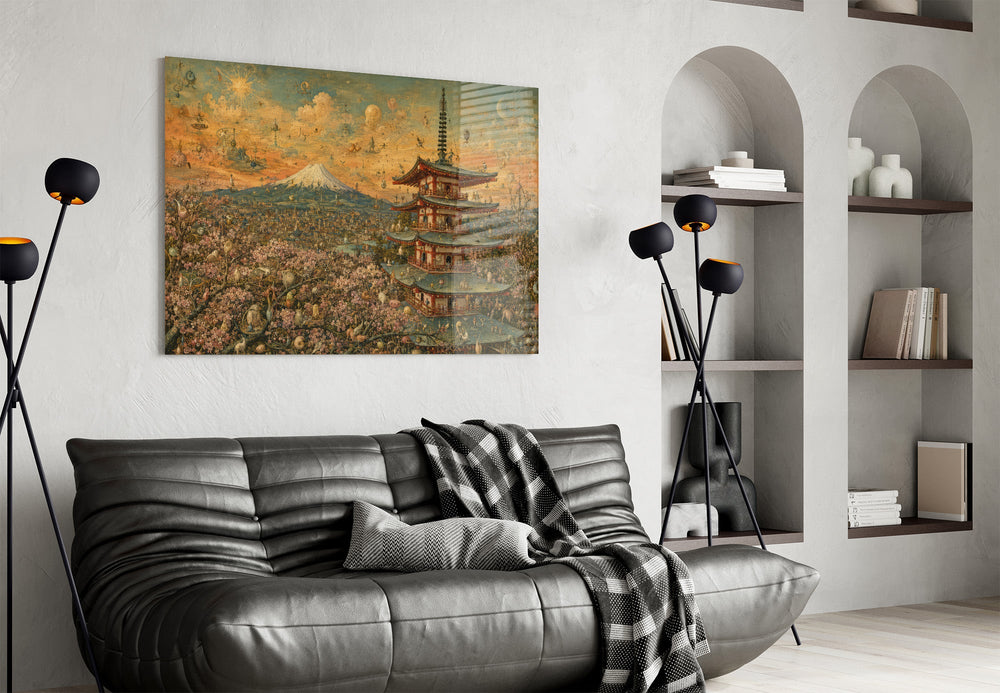 Mount Fuji Pagoda glass wall art styled in a contemporary living room