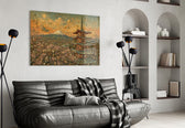 Mount Fuji Pagoda glass wall art styled in a contemporary living room