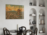 Mount Fuji Pagoda glass wall art shown in a warm, styled interior setting