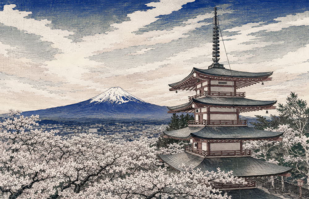 Mount Fuji Pagoda Hokusai Style Glass Wall Art