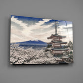 Mount Fuji Pagoda glass wall art mounted flat on a grey wall