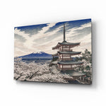 Mount Fuji Pagoda glass wall art, angled view of the tempered glass panel