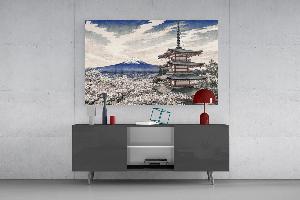 Mount Fuji Pagoda glass wall art displayed above a console in a modern interior