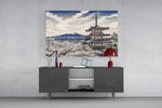 Mount Fuji Pagoda glass wall art displayed above a console in a modern interior